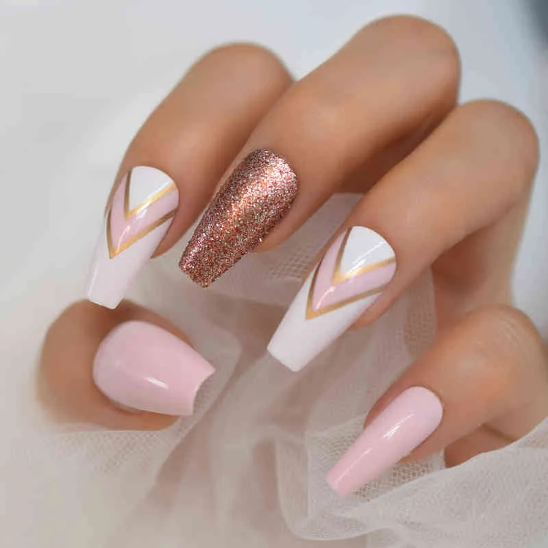 Unghie finte Stampa a bara media sulle unghie con design Pink Double v Pattern Glitter Fake Long Acrylic False Kit Ballerina Tips 220225