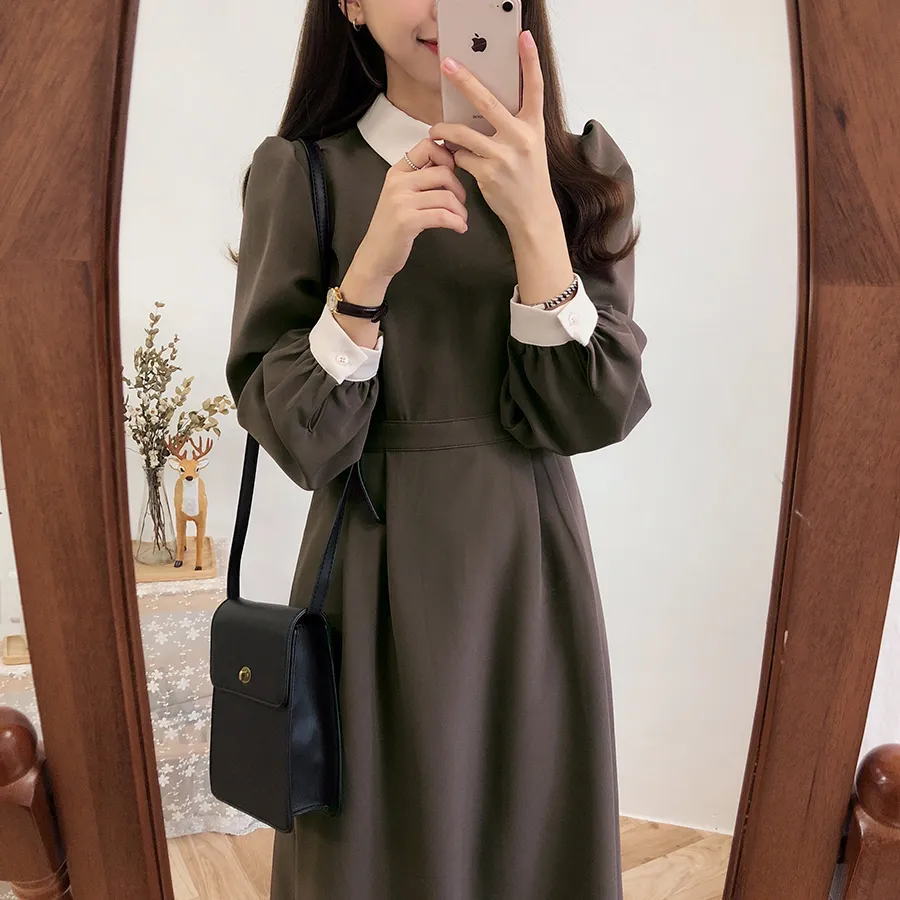 Vinter Basic Dress Long Hot Women Fashion Japan Korean Style Design A Line Patchwork Wite Peter Pan Collar Vintage Dress 3212 T200911