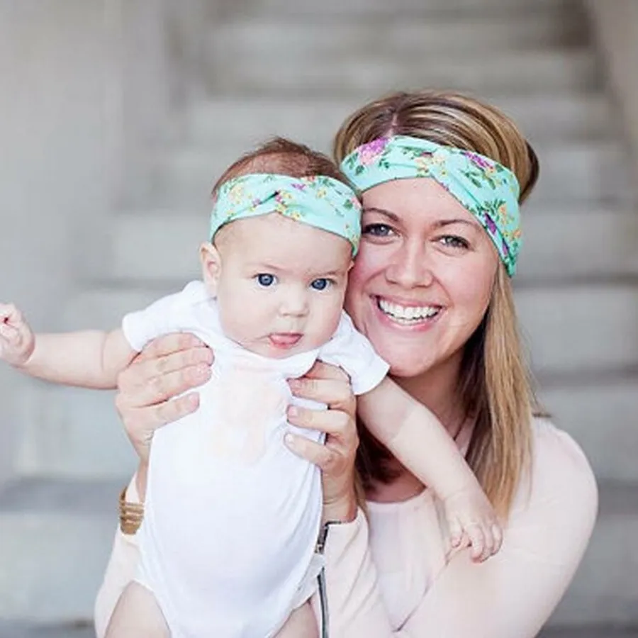 Mädchen Baby Eltern-Kind Blumendruck Turban Twist Stirnband Kopf Wrap Twisted Knoten Weiche Haarband Stirnbänder Headwrap