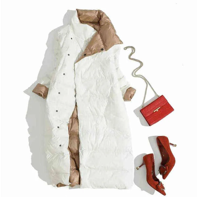 Fi femmes Double face vers le bas longue veste hiver col roulé blanc canard manteau poitrine Parkas chaud neige Outwear 211221