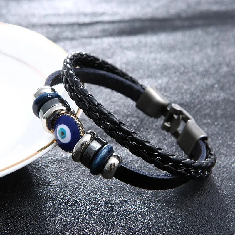 Charm-Armbänder Punk-Design Türkisches blaues Auge für Männer Frau Mode Armband geschichtetes schwarzes Lederarmband Vintage-Schmuck Fawn22295Q