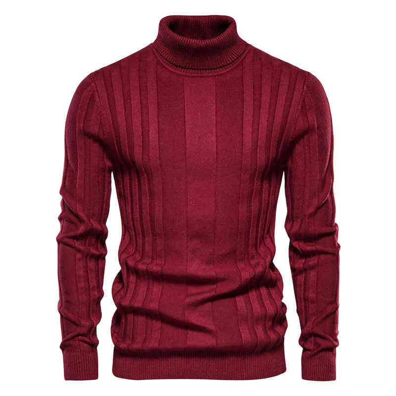 Aiopeson fino ajuste pullovers gola alta masculino casual básico cor sólida quente listrado camisola dos homens inverno moda suéteres masculino 220108