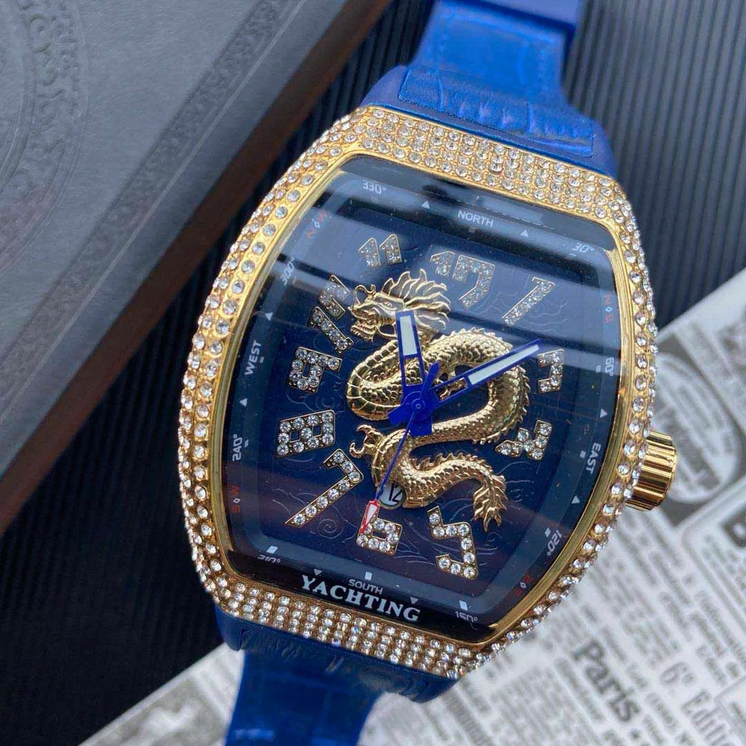 Mode Marke Uhren Männer Tonneau Kristall Loong stil Gummi lederband armbanduhr Muller FM18219E