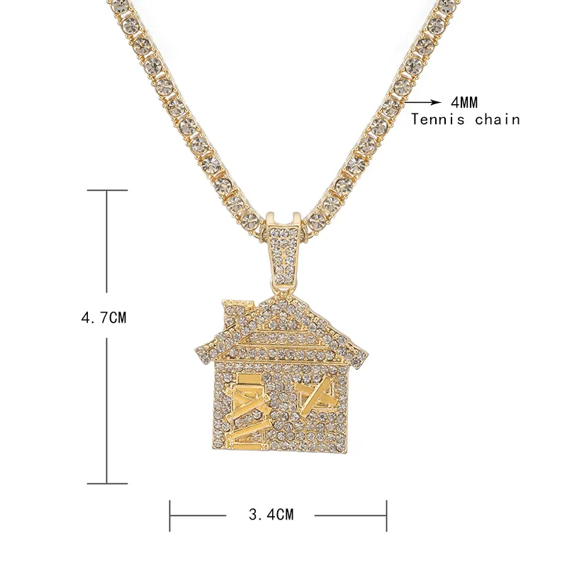 Hip Hop Bando Trap House Necklace Men Bling Savage Pendant Necklace With Tennis Chain Female Ice Out Link Chain Jewelry C0219