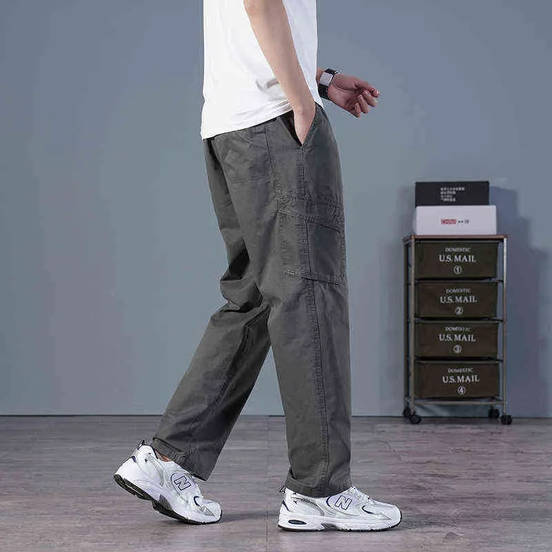 Men's Relaxed Fit Cotton twill Cargo work pants Big & Tall Outdoor Casual Elastic Waist baggy lightweight straight mens trousers H1223