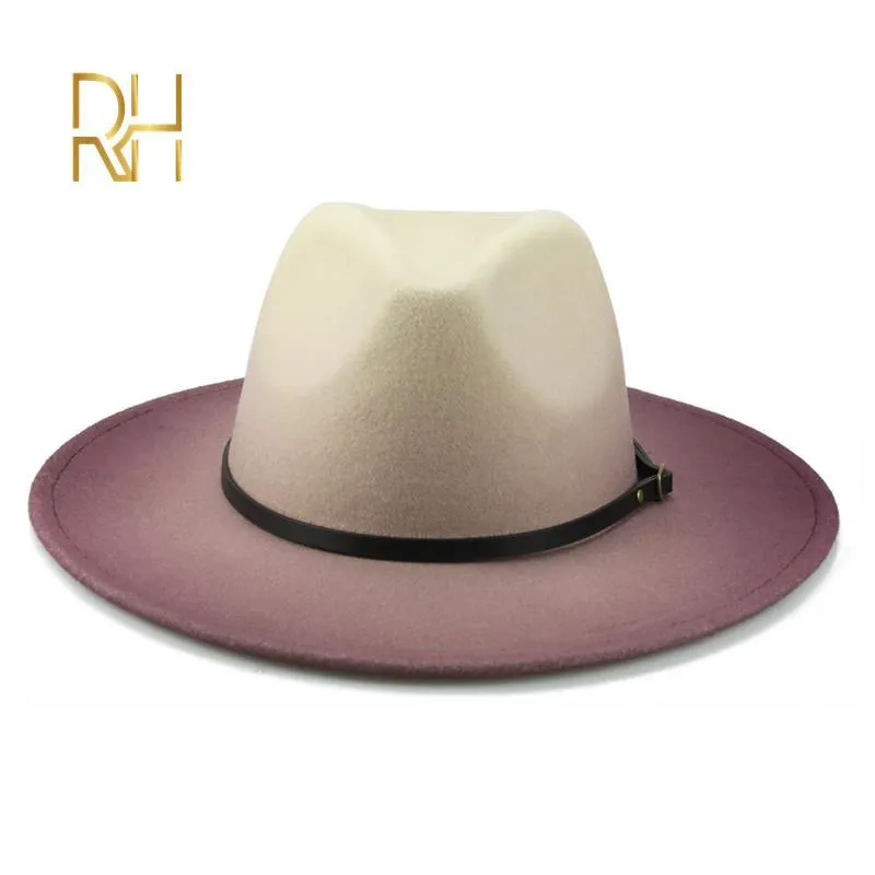 Women Men Woolen Vintage Trilby Felt Fedora Hat With Wide Brim Gentleman Elegant Gradient Color For Lady Winter Autumn Jazz Caps LJ201103