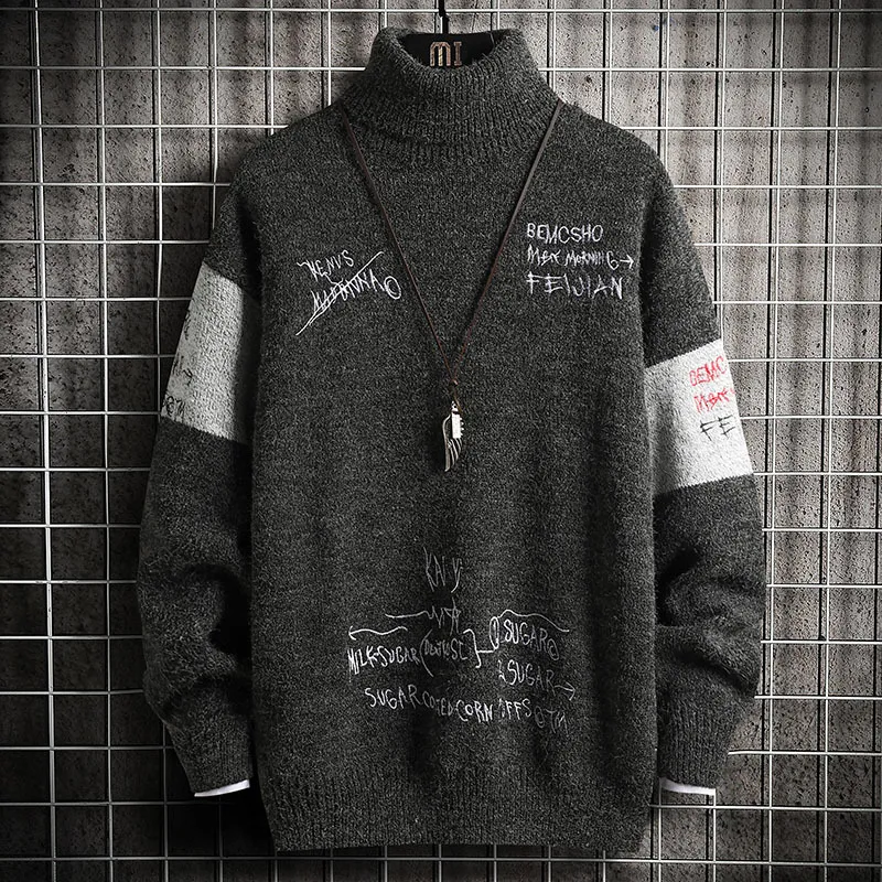 SingleRoad Mens Turtlenecks Sweater Men Winter Patchwor Harajuku Korean Style High Neck Oversized Grey Turtleneck For Men 201221
