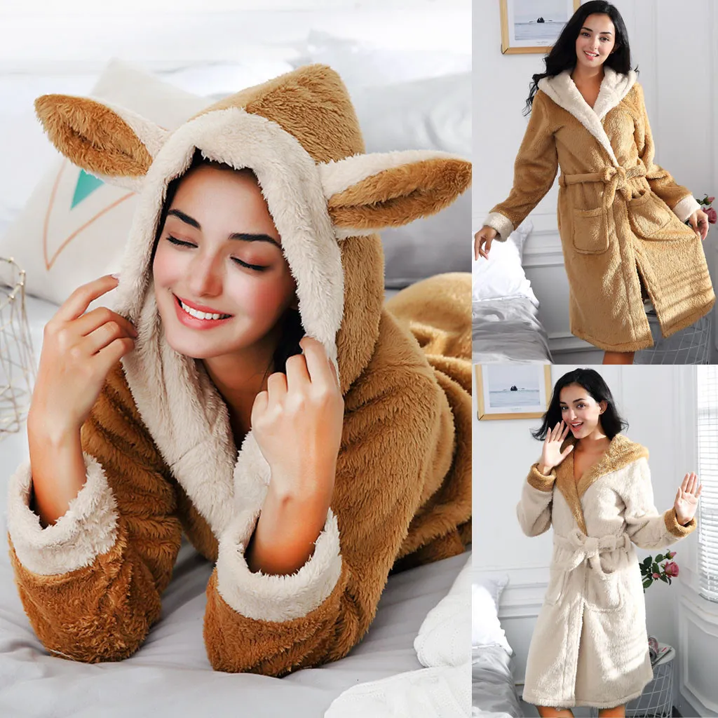 Kvinnor lång sovkläder uppsättning varm vinter coralline plysch sjal badrock kanin öron hatt robe coat pyjamas # 4 210203