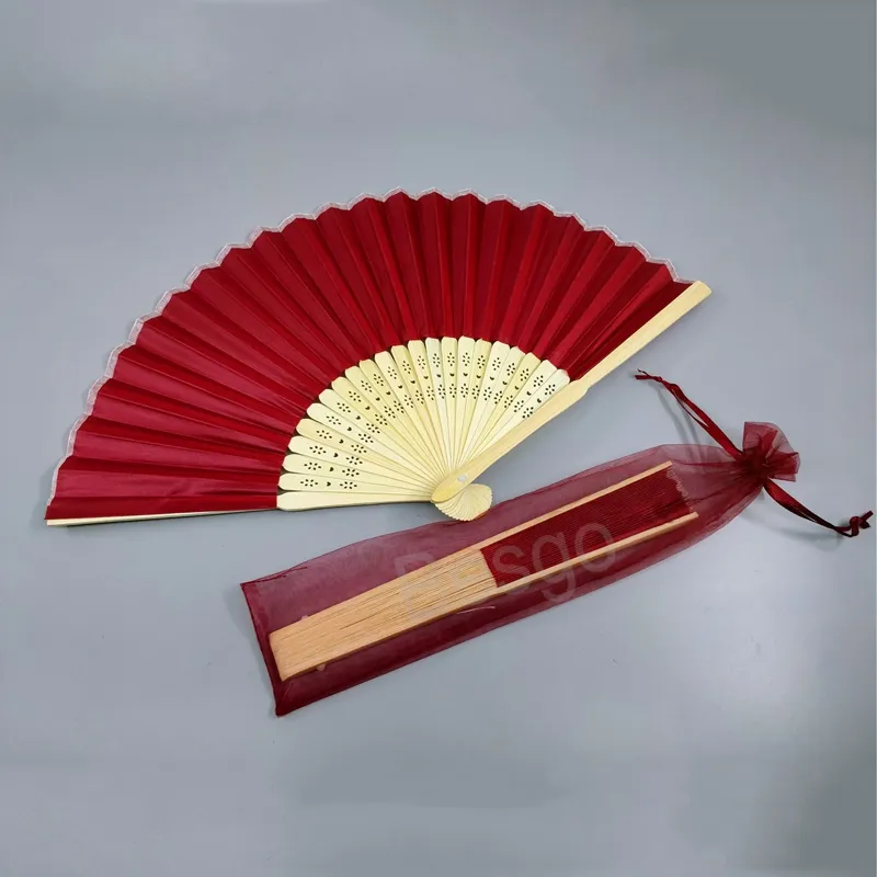 Kinesiska vikfans Solid Color Folds Fans Summer Handheld Wood Fan With Yarn Bag Wedding Party Gift Hem Desktop Decoration BH6213 TYJ