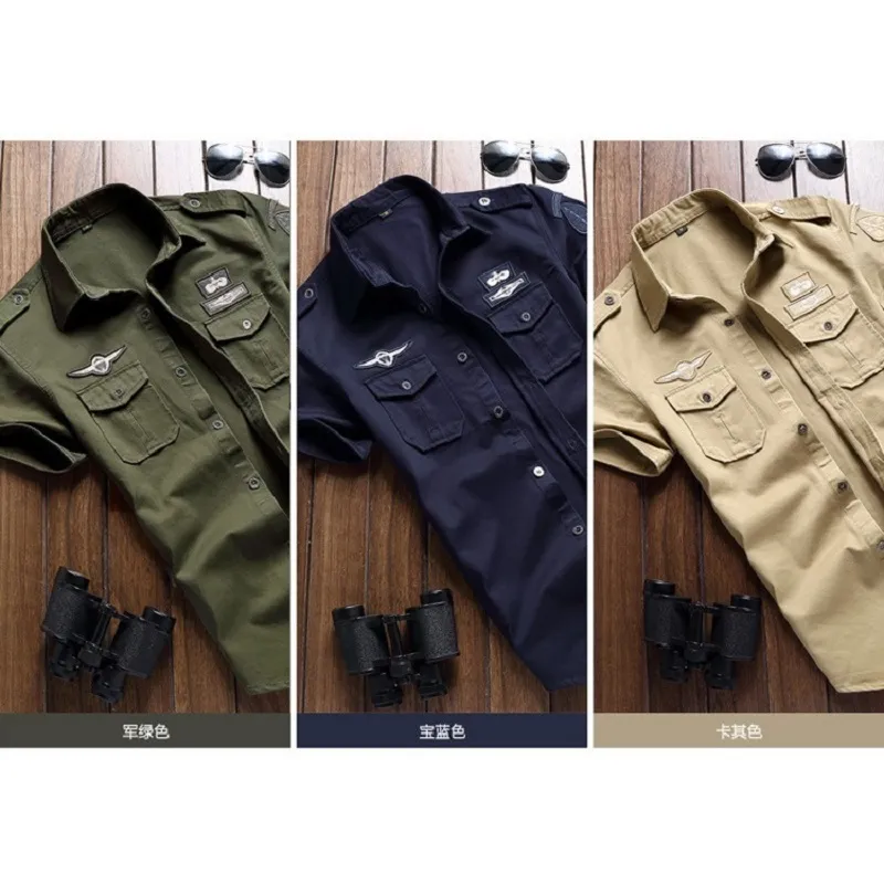 Chemise militaire chemises pour hommes Style décontracté mode vêtements coton à manches courtes rétro Vintage 6XL broderie noir livraison directe C1222