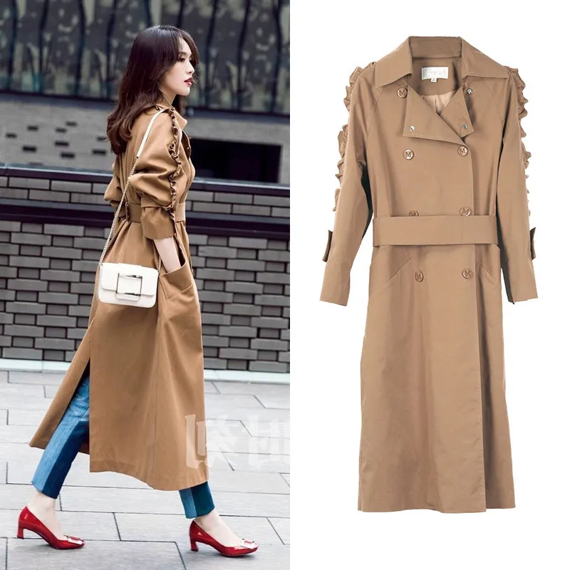 Trench coat doppiopetto cachi donna autunno risvolto lungo giacca a vento vestiti femme cappotto primavera outwear 201110