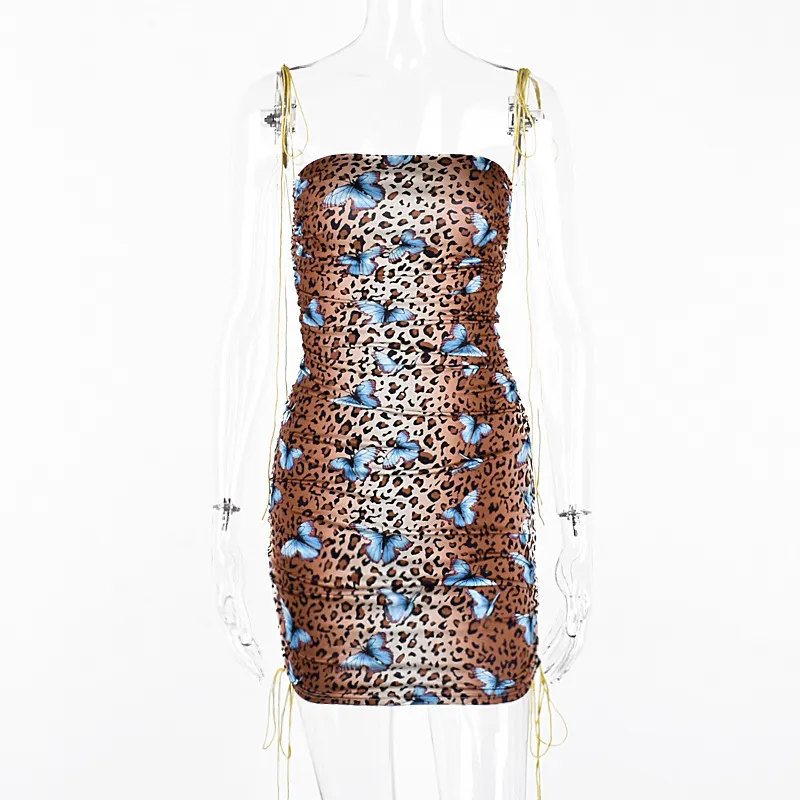 KGFIGU Femmes léopard mini robe Nouveautés sexy papillon froncé moulante vestidos streetwear drop shipping T200603