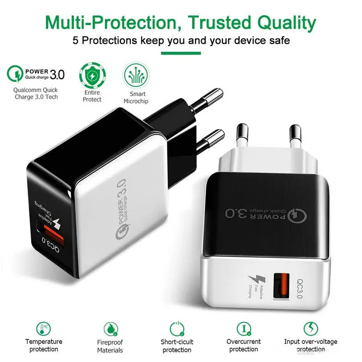 QC3.0 Szybka ładowarka Szybka ładowarka USB Szybki ładunek 5 V 3A 9 V 2A Zasilacz Podróż szybki ładowanie wtyczki US UE do telefonu iPhone Samsung Xiaomi