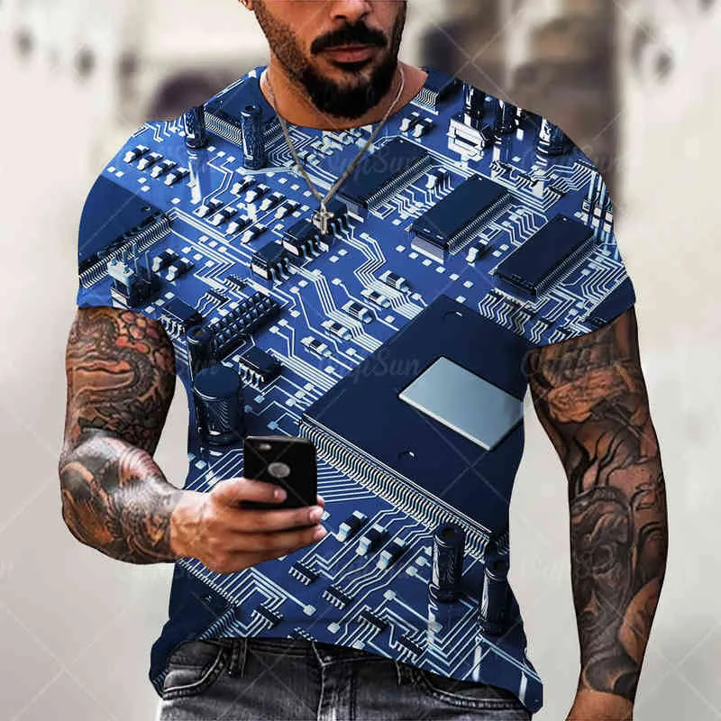 Puce électronique Circuit imprimé T-shirt unisexe été décontracté Cool à manches courtes hommes Harajuku Streetwear surdimensionné T-shirt 6xl G1229