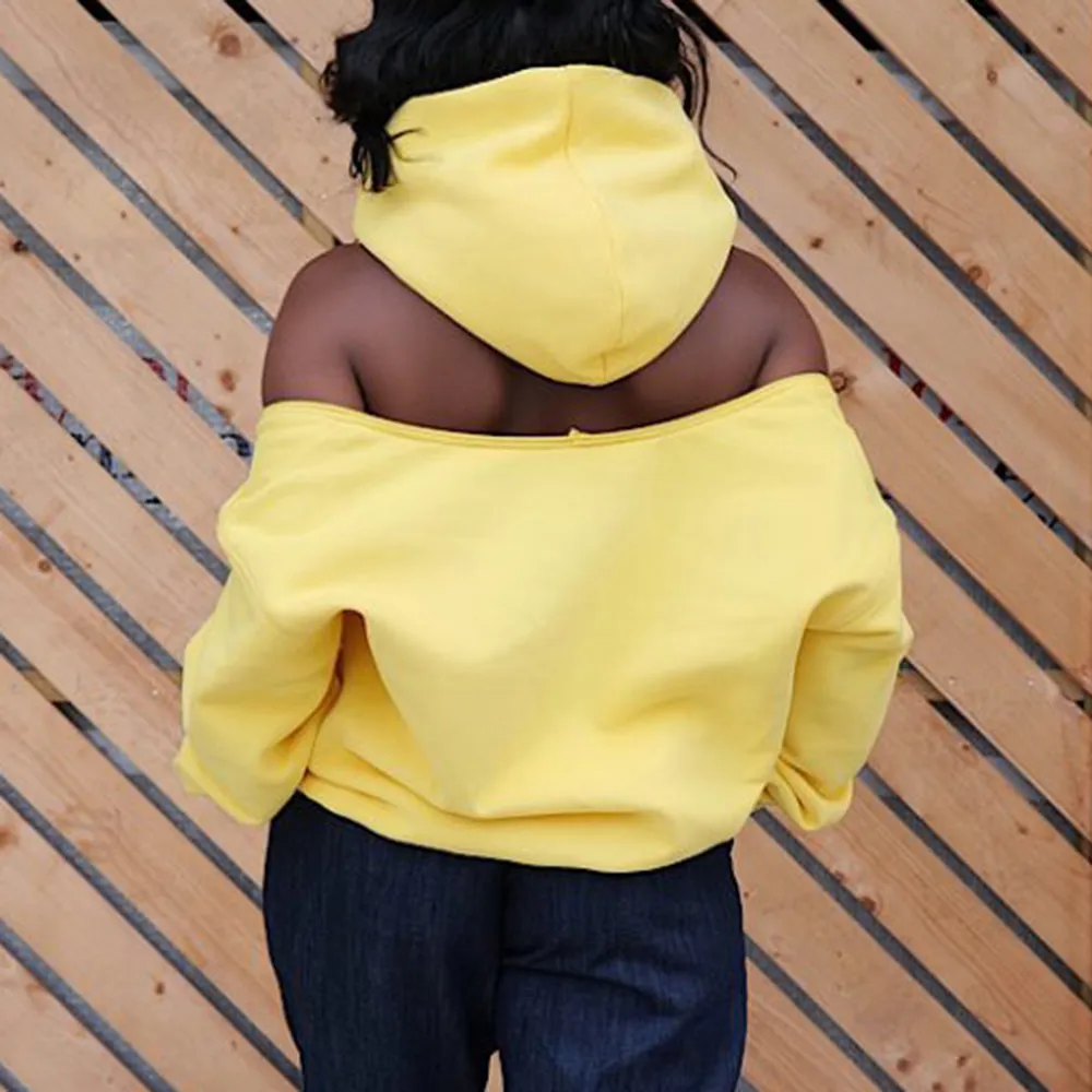 Mode Sexy Dos Nu Femmes À Capuche Plus La Taille Sweat Hors Épaule Conception Solide Noir Hoodies Jaune Lâche Poche Fermeture Éclair 201202