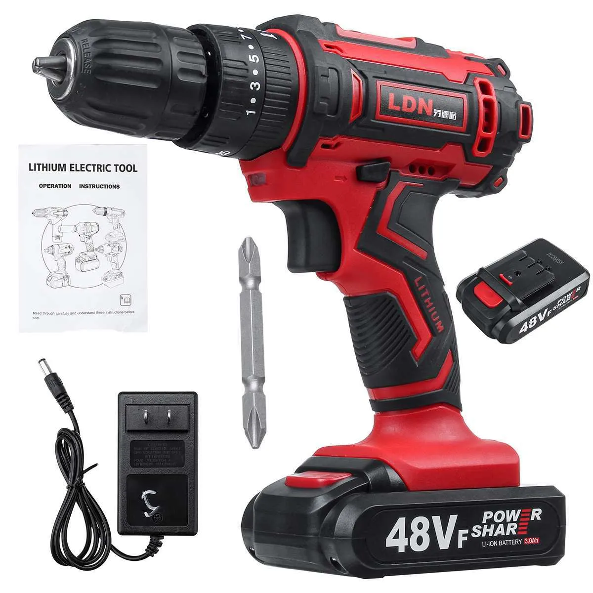 48V Cordless Impact Drill Electric Screwdriver Mini Wireless Power Driver 25 + 3 Moment Inställningar med 2st Lithium-ion Batteri 201225