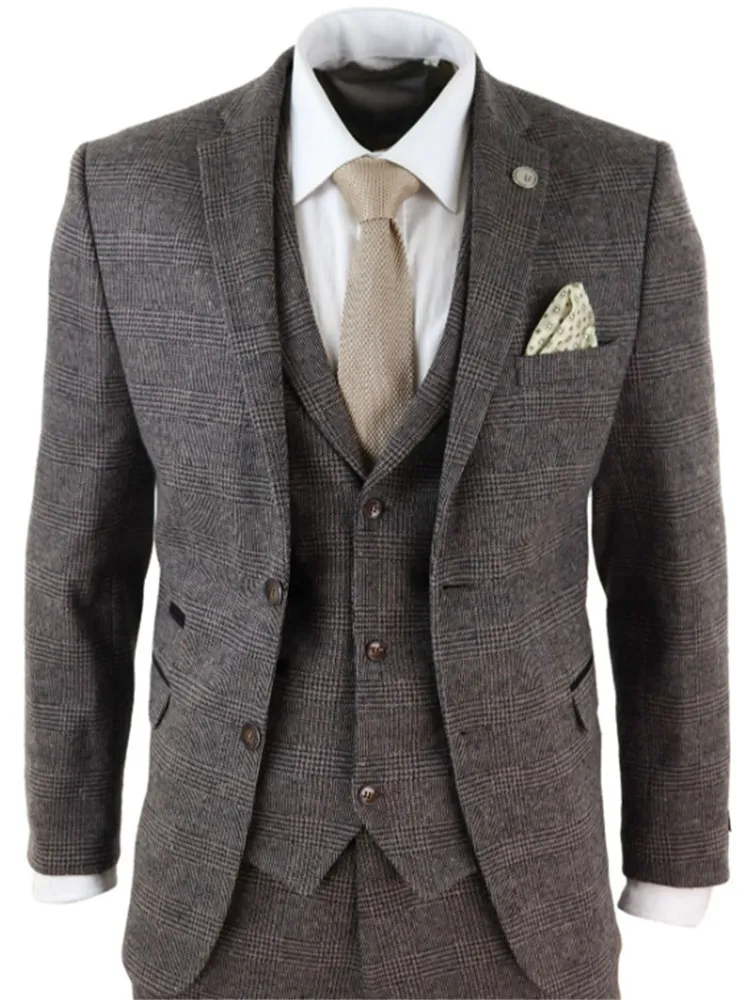 2020 Brown trajes para hombre de lana de 3 piezas comprobar traje Homme Tweed a medida Fit Peaky Blinders Gatsby 1920s traje T200303