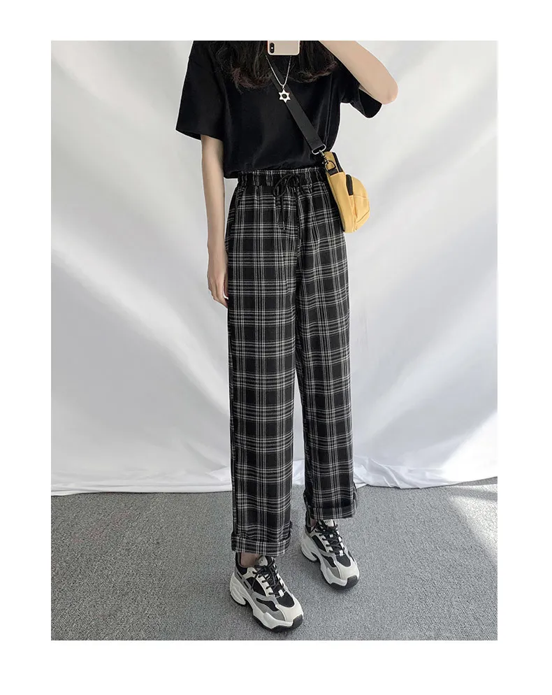 Woherb Vintage Plaid Hosen Frauen Neue Harajuku Knöchel Länge Breite Bein Hosen Koreanische Streetwear Mädchen Hosen Pantalon Femme T200617