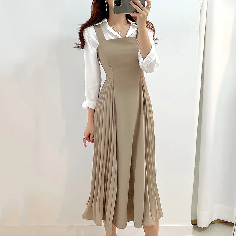 OnAlippakromen jurken herfst Koreaanse temperament stijl revers stropdas met lange mouwen shirt High-taille side geplooide jarretel jurk 220302