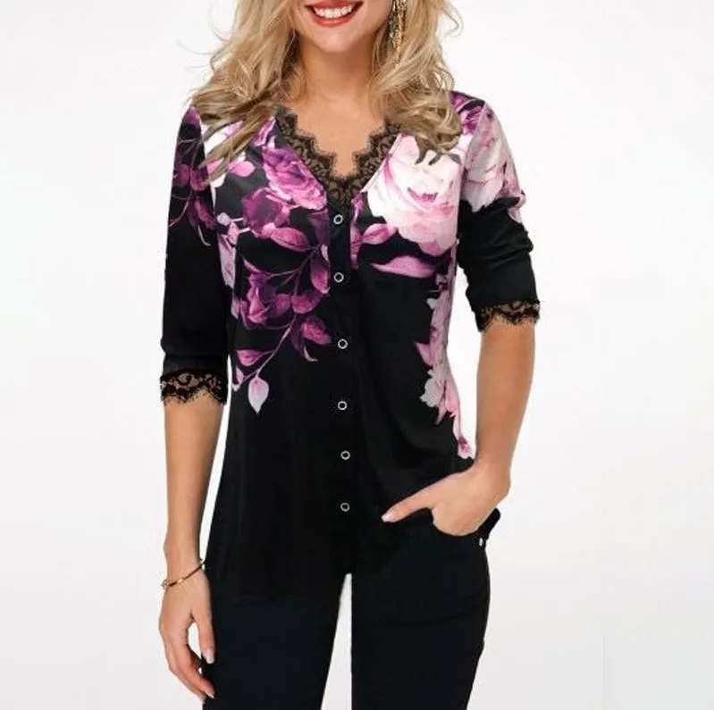Plus storlek 5x Pullovers Blus Shirt Boho Print Lace Splice Women's Tops V-Neck Loose Casual Summer New Female Tee Shirt 201201