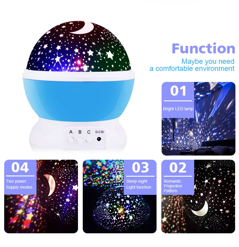 LED Rotating Star Projector Nowatorskie oświetlenie Księżyc Niebo Rotacja Dzieci dziecięce Nocne Nocne Bateria Bateria Awaryjna lampka USB240K