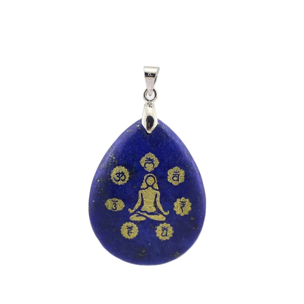 Pierre naturelle gravée 7 chakras Sanskrit Yoga assis motif pendentif Inde 7 chakras méditation Reiki collier améthyste Rose Quar286f