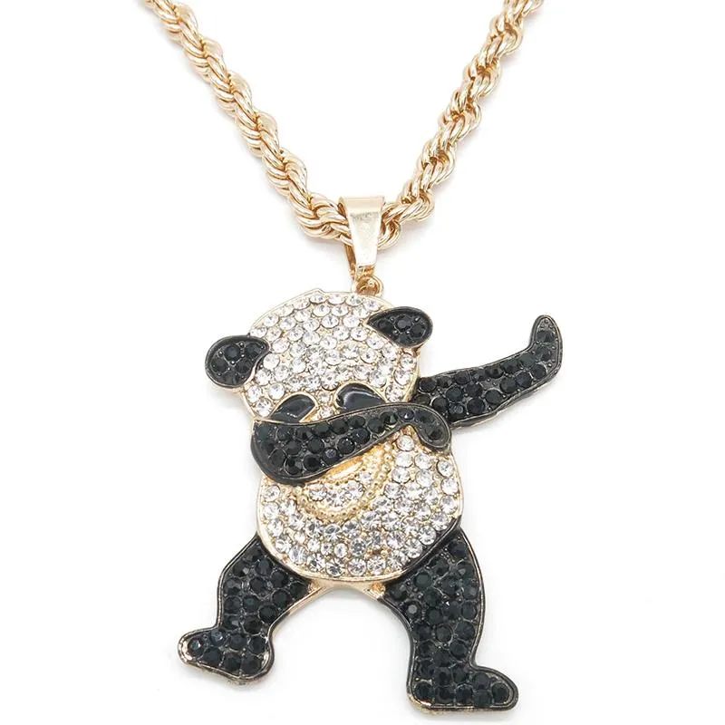 Collane con ciondolo color oro strass lusso hip hop danza divertente animale panda ghiacciato roccia gioielli da uomo regali1327N