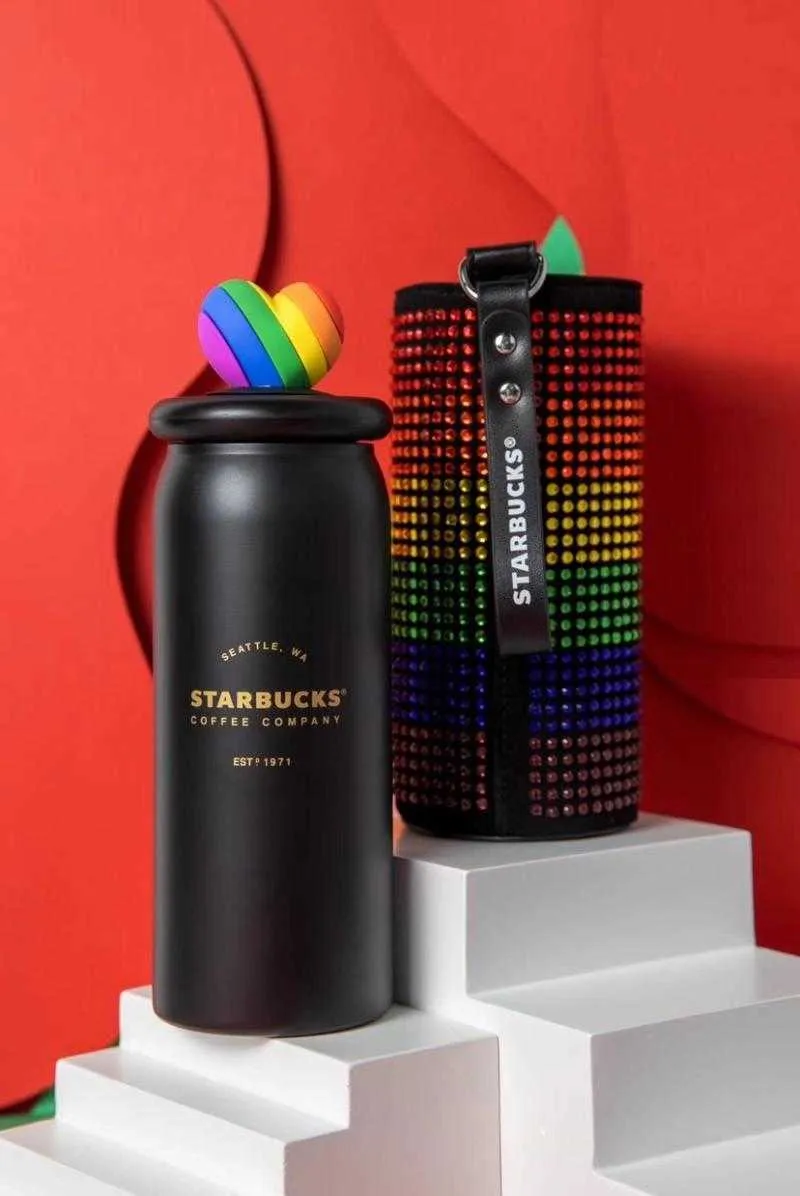Starbucks 2021 Walentynki Prezent Rainbow Love Miłość ze stali nierdzewnej Przenośna konserwacja ciepła towarzysząca kubek wodny z coverXCCM