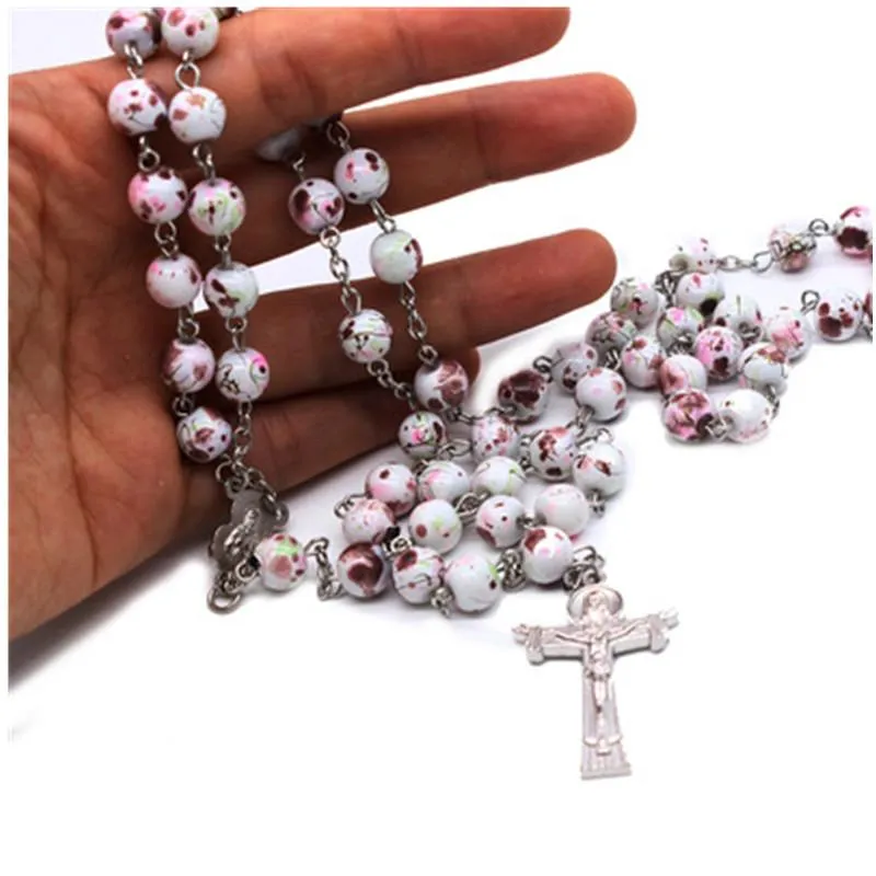 Anhänger Halsketten 3 Stile 8mm Kreuz Rosa Gefleckte Rosenkranz Halskette Katholische Christliche Party Hochzeit Gebetskette Religiöse Kette Jew236w