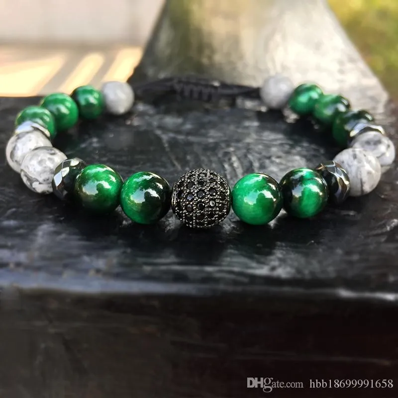 Natural Gray Map Stone Bracelet Pave CZ Charms Bracelet For Men Jewelry Green Tiger Eye Stone Pulseras homme Buddha Bracelet