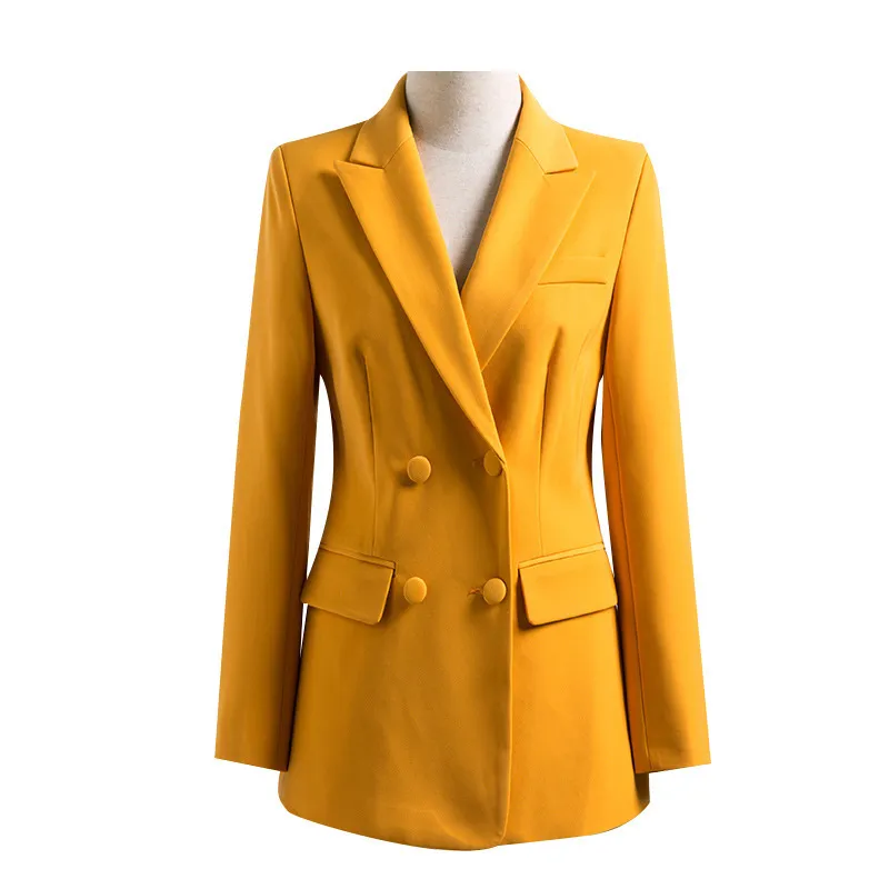 Желтый костюм женские брюки костюм высококачественный двойной грудь с длинным рукавом Blazer Ladies Business Set Set осень женский костюм T200818