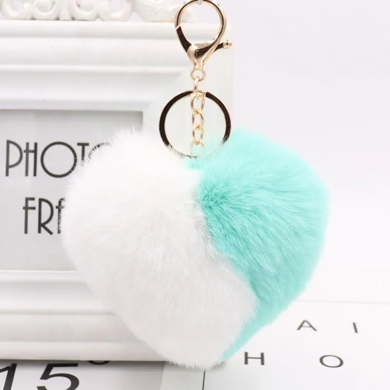 Porte-clés en forme de cœur Double couleur pour femmes, Pom Pom en fausse fourrure, porte-clés de voiture, pendentif de sac, accessoires 1292g