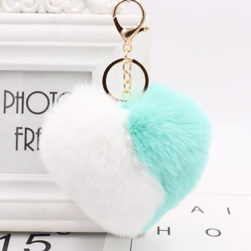 Trendy Double Color Heart Keychains for Women Pom Pom Faux Fur Key Chain Pompom Car Keyring Bag Pendant Accessories1257k