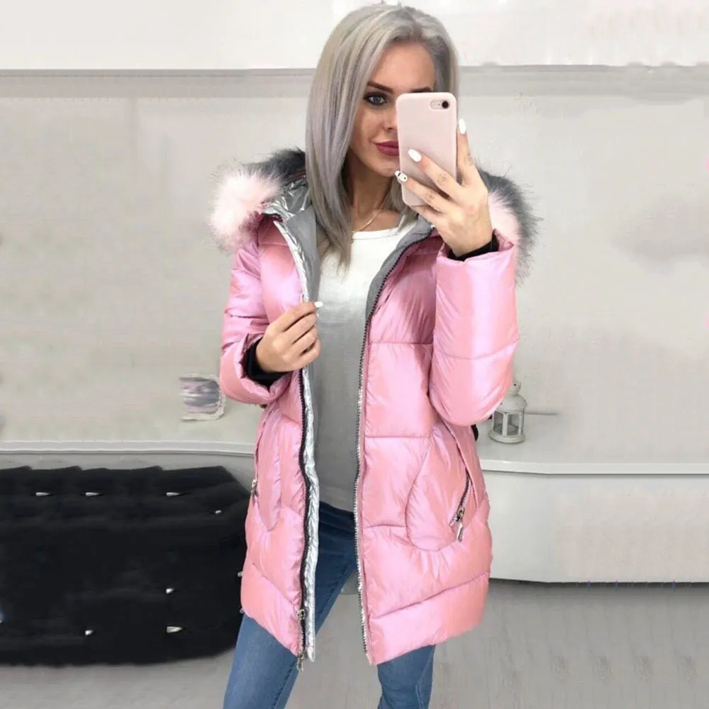 Padded Down Jacket Women Winter Coat Warmness Plus Size Pink Overcoat Cotton Parka Basic Jackets Thick Fleece Fur Hood Outwear 201027