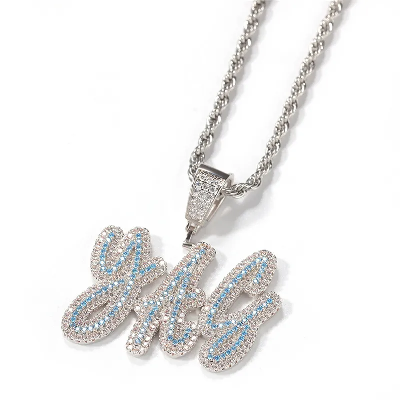 A-Z Custom Name Necklaces Iced Out Blue Zircon Name Pendant Charm For Men Women Gold Silver Color Cubic Zirconia with Rope Chain G300e