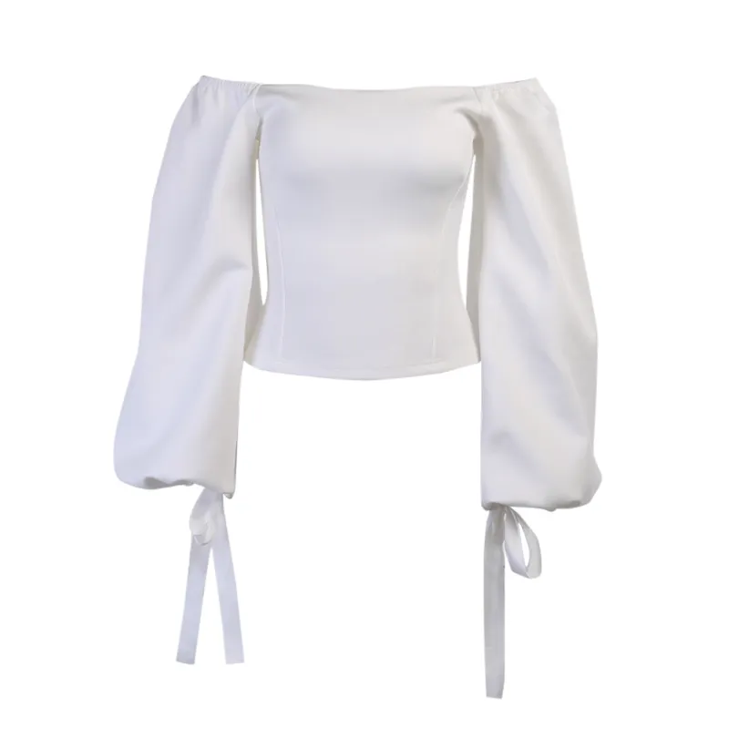 Beyouare Elegante Dames T-shirt Sexy Slash Neck Lantern Sleeve Bandage Solid White Tops Herfst Casual Slanke Kantoor Dame Tee 220409