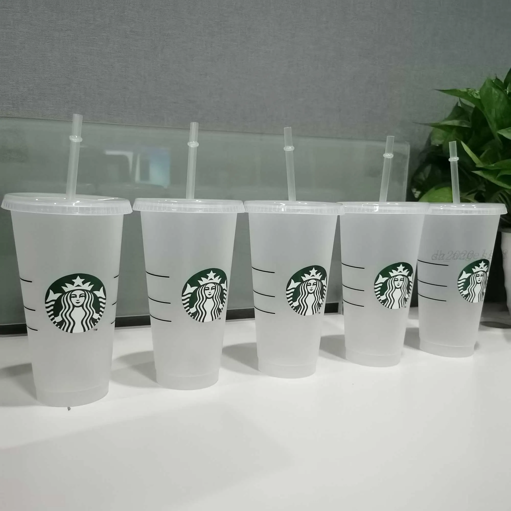 24oz tumblers plast dricker juice kopp med läpp och halm Magic Kaffe Kopp Costom Starbucks plast transparenta koppar