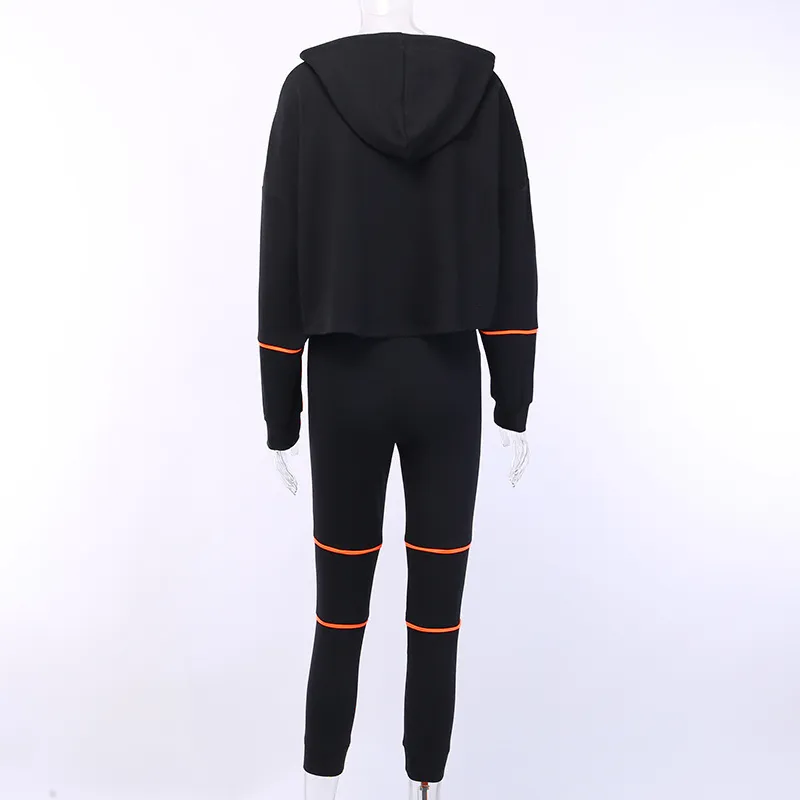 OMSJ Zweiteiliges Set Crop Top mit Kapuze und Hose Sweatsuits für Frauen Schwarz Orange Cool Herbst Trainingsanzug Femme Urlaub Outfits T200630