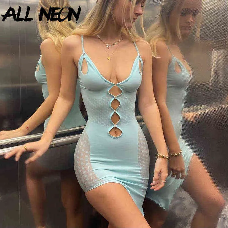 ALLNeon Y2K Moda Sexy Backless Scava Fuori Bodycon Mini Abito 2000 Estetica Profondo V Mesh Trim Cami Dress Irregolare Clubwear Y220304