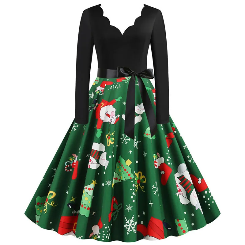 Kerstjurk Dames Winter Lange Mouw V-hals Elegante Vintage Santa Claus Print Xmas Party Outfits Black Big Swing Plus Size 220418