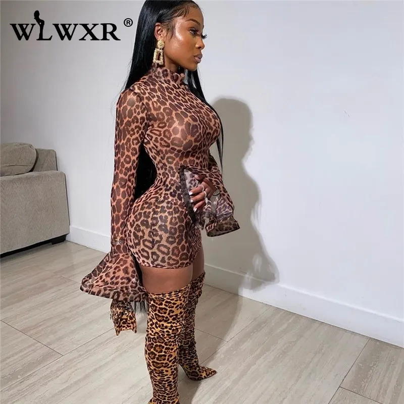 WLWXR Trasparente Leopardo Sexy Mesh Dress Donna Manica lunga aderente Mini abito femminile Club Wear Party Wrap Ladies Abiti corti T200708