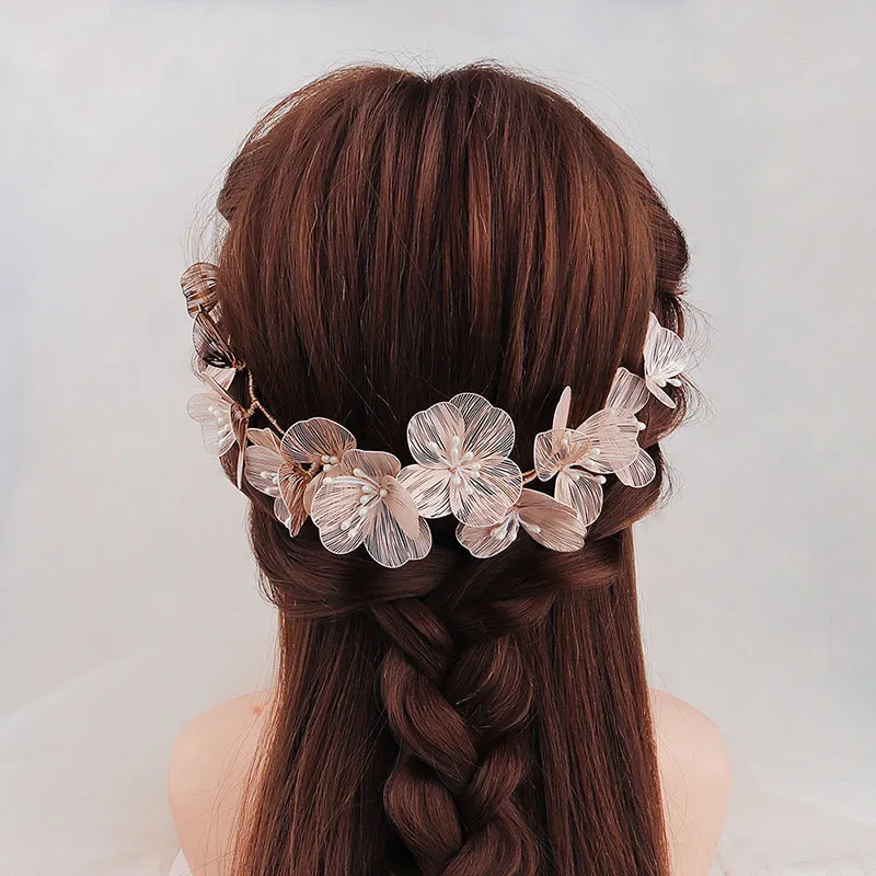 Slbridal Handmade Barock Copper Flower Pearls Wedding Hair Accessories Bridal Headband Hair Clip Barrettes Set Women Jewelry J011212B