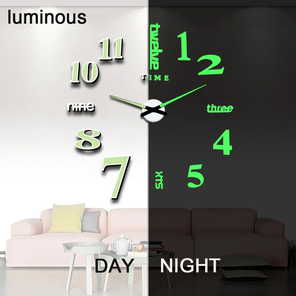 3D 빛나는 실제 큰 벽 시계 러쉬 거울 스티커 DIY 거실 홈 장식 패션 시계 쿼츠 큰 시계 Y200110