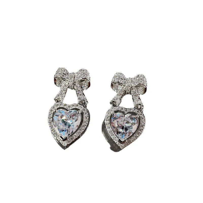 Boucles d'oreilles à Clip en forme de cœur, rubis, nœud papillon, vis à l'arrière, clous d'oreilles en Zircon rose AAA, pavé de diamants, bijoux 232n