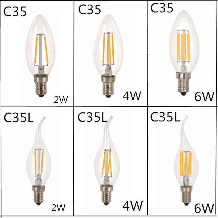 10 SZTUK Żarówka LED C35 E14 E12 E27 220 V 110V Ściemniany 2W 4W 6W Design Energy Saving Candle Ciepłe białe włókno światło 360 stopni Lampa H1222