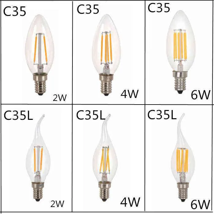 LED 전구 C35 E14 E12 E27 220V 110V Dimmable 2W 4W 6W 디자인 에너지 절약 촛불 따뜻한 흰색 필라멘트 빛 360도 램프 H1222