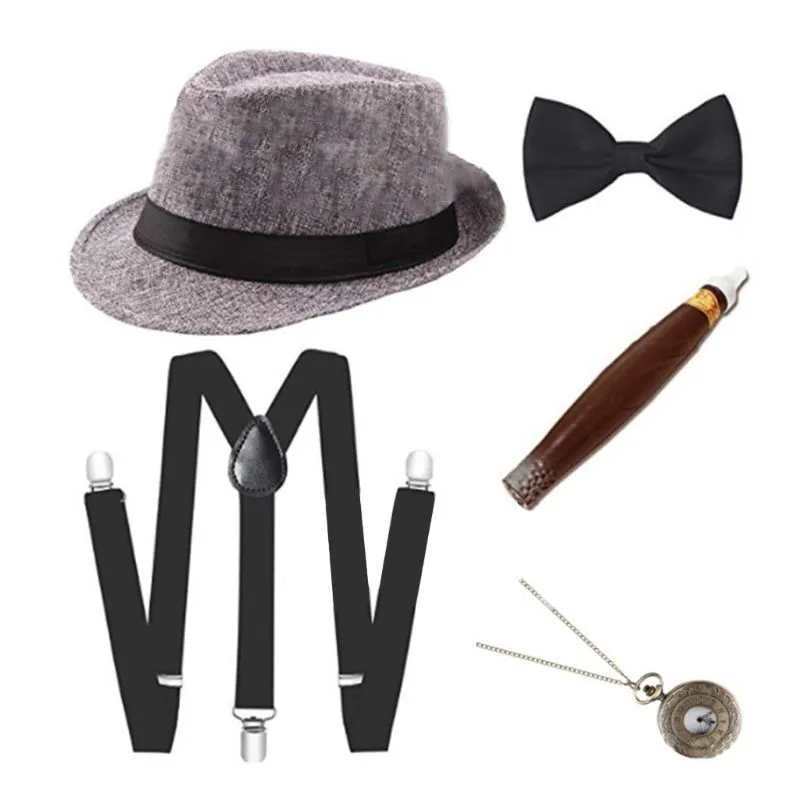 Anni '20 Mens Cosplay Gangster Costume Accessori Set Manhattan Cappello Bretelle Pre-Legato Papillon Falso Orologio da tasca in plastica sigaro 201027