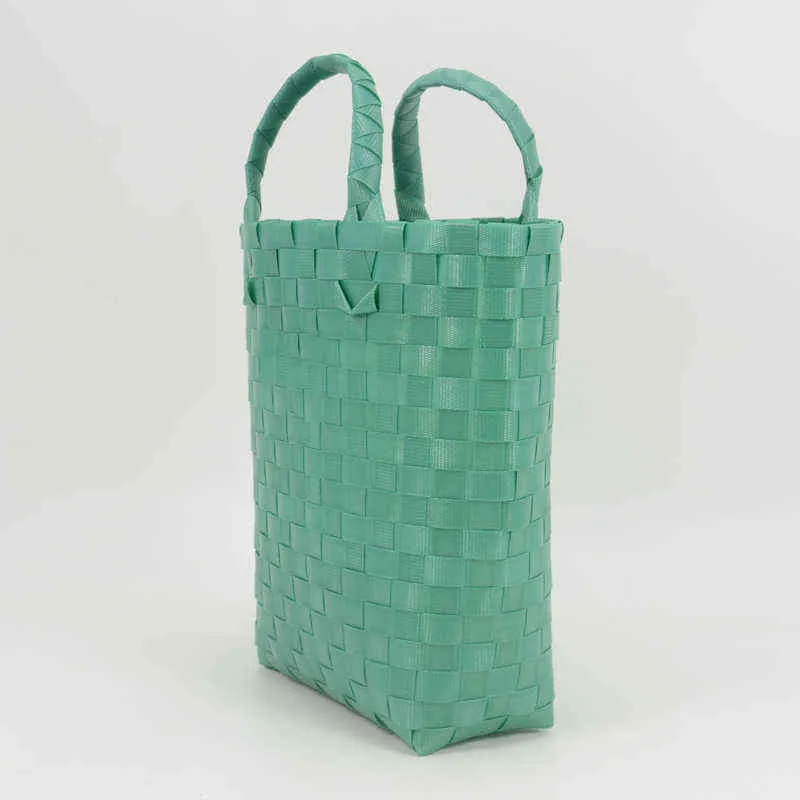 Shopping Bags Summer Beach Basket Patchwork Striped Hand Knitted Color Plaid Casual Women Handbag Fashion PVC Bucket Bag 220301