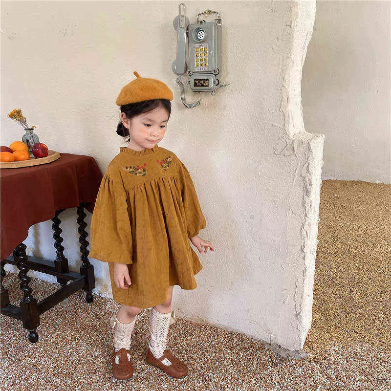Milancel 2021 Sonbahar Yeni Çocuk Giyim Nakış Elbise Kore Kızlar Tek Parça Uzun Kollu Kıyafetler Moda Çocuk Giyim G1218