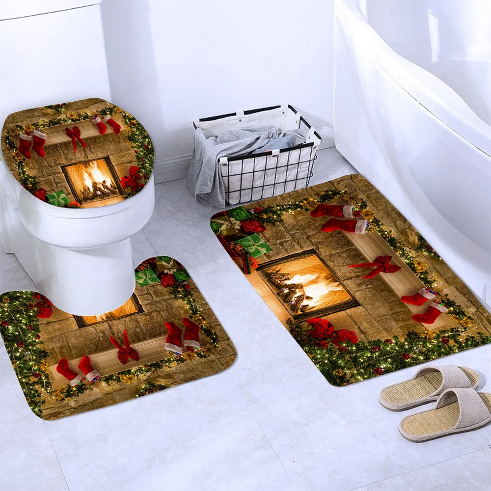 Weihnachtsbäume Kamin 3D Duschvorhang Badematten Toilettenteppiche Rutschfester Teppich Festival Dekor Frohe Weihnachten Badezimmer Set F1222